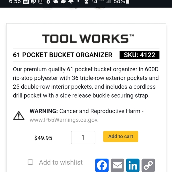 CLC (Custom LeatherCraft) 61 Pocket In-and-Out Bucket Organizer - black & gold - Picture 4 of 11